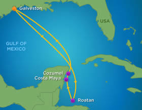 Western Caribbean gay cruise from Galveston map