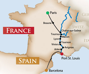 Exclusively gay Burgundy & Provence River Cruise map