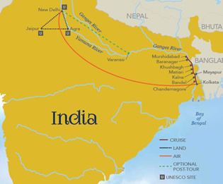 India & Ganges River All-Gay River Cruise Tour map