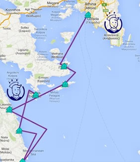 Athens to Spetses, Greece gay nude sailing cruise map