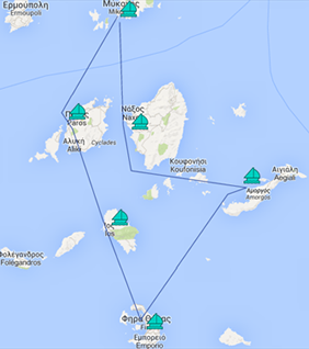 Mykonos & Santorini gay nude sailing cruise map