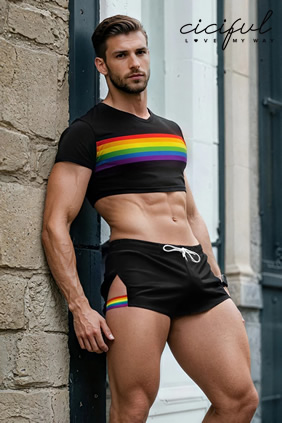 Ciciful Men's Rainbow Print Crop Top Cut Out Shorts