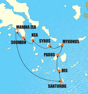 Exclusively gay Greek Islands cruise sailing map
