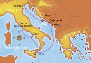 Exclusively gay Rome to Venice cruise sailing map