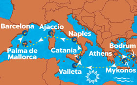 Athens to Barcelona gay cruise map