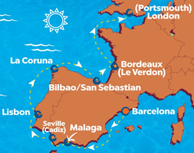 Barcelona to London gay cruise map
