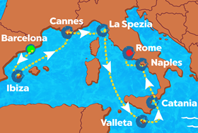 Barcelona to Rome gay cruise map