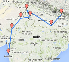 India & Nepal Gay Tour Map